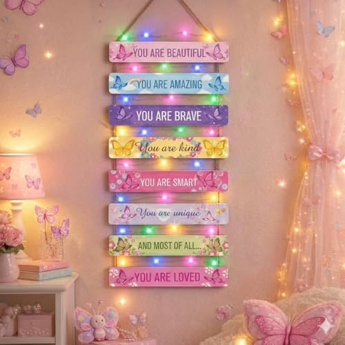 Cute Butterfly Room Decor Set of 8 with Led Light for Teen Girls Kids Toddler, Pink Inspirational Butterfly Wood Nursery Wall Decor for Bedroom, Dreamy Cozy Chic Motivational Princess Room Decor