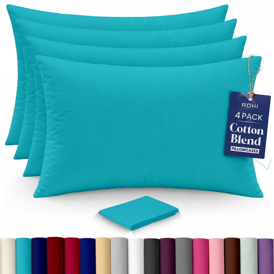 Rohi Luxury Teal Pillow Cases 4 Pack - (50×75cm) | Soft & Comfy Cotton Blend Pillow Covers with Envelope Closure | Breathable, Anti-Allergy, Fade & Wrinkle Resistant