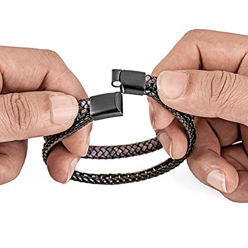 Image of Men's Leather and Steel Chain Bracelet with Clasp