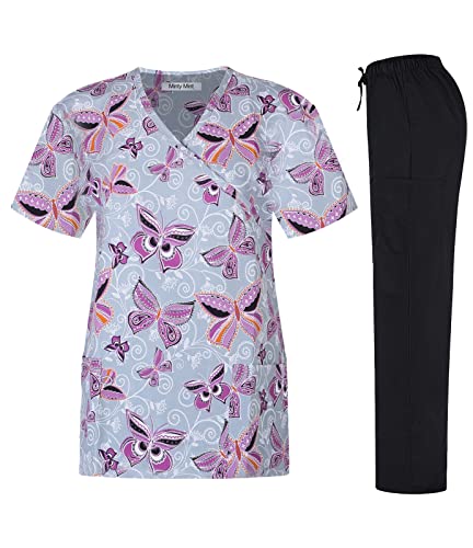 Minty Mint Women's Microfiber Printed Medical Scrub Set V-Neck Top and Pants Light Grey 2XL