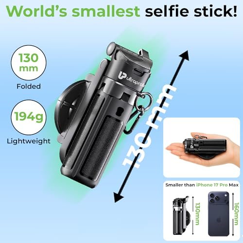 Image of UltraProlink Snap-Z Two Mini Selfie Stick & Tripod | World's Smallest 13cm Foldable Selfie Stick | MagSafe + Clamp Holder | 42cm Extendable | BT Remote | Lightweight 194g | Android & iOS Compatible