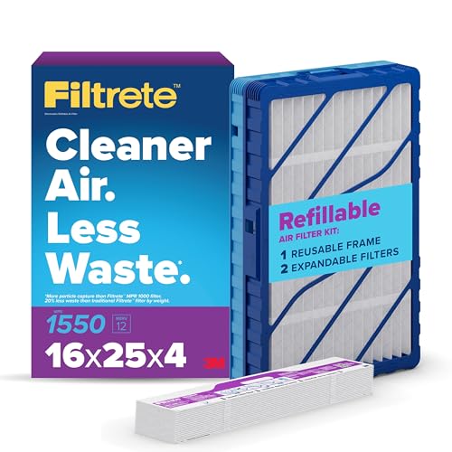 Image of Filtrete 16x25x4 Refillable Air Filter Starter Kit, MPR 1550, MERV 12, 1 Reusable Air Filter Frame & 2 Air Filters, Fits Honeywell & Lennox, Allergen Bacteria & Virus, actual size 15.88 x 24.62 x 4.25