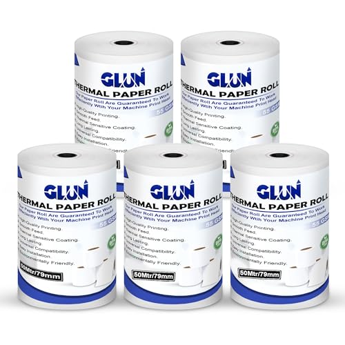 Image of GLUN Receipt Thermal Paper Rolls, Pack of 5 Rolls 79mm(3inch) x 50 Meter Size, Smooth Surface Smudge & Jam-Free Rolls for Cash, Retail, Restaurants Billing Receipt