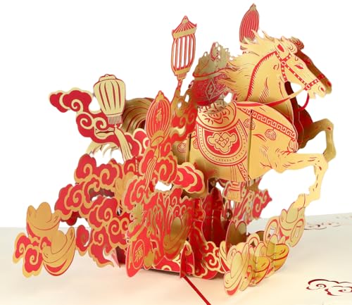 WhatSign Chinese New Year Card, 2026 3D Pop Up Year of the Horse Card with Stunning Gold Foil – Handmade Fortune & Luck Lunar New Year Gift, Includes Envelope & Writing Insert