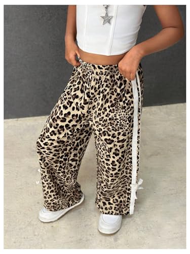 GORGLITTER Girl's Bow Cheetah Leopard Print Joggers Pants Baggy Y2K Wide Leg Elastic Waist Loose Sweatpants Bottoms4