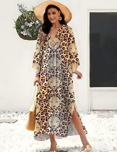 Image of MAKABO Kaftan Dresses for Women, V Neck Moo Moos Colorful Print Cover Ups Caftan Beach Dresses for Swimwear