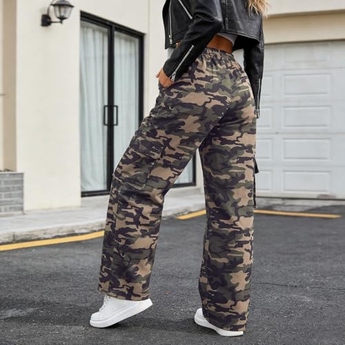Womens Camo Cargo Pants Wide Leg Drawstring Elastic Waisted Casual Trousers - image 6