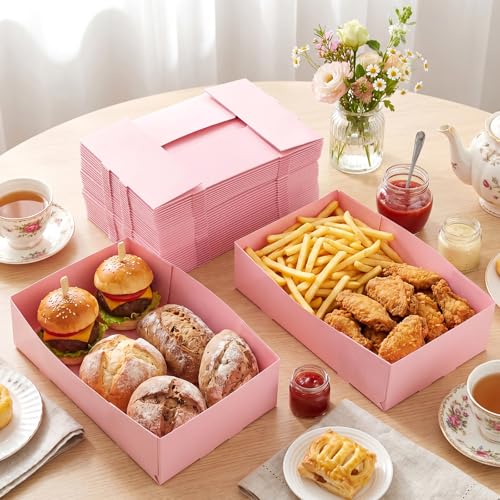 Image of Chinco 100 Pieces Paperboard Kraft Food Trays 4 Corner Pop up Food Tray Disposable Foldable Cardboard Movie Night Snack Party Container Box for Holding Drink at Stadiums or Theaters (Pink)