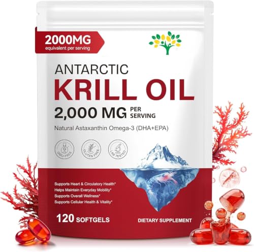 Antarctic Krill Oil 2000mg Softgels with Omega-3s EPA DHA Astaxanthin and Phospholipids Supplement 120 Softgels