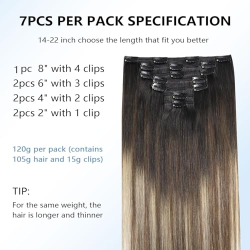 Image of COOKAYU Clip in Hair Extensions Human Hair, 1B /4 /27 Natural Black to Medium Brown and Caramel Blonde Real Hair Extensions Clip in Human Hair Thick Silky Straight Extension, 16inch 120g 7Pcs