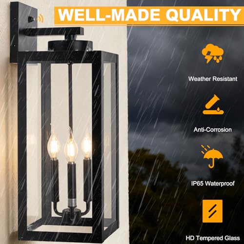 Image of 24 inch Extra Large Fully Enclosed Dusk to Dawn Outdoor Light Fixture 3-Light | Black Outdoor Porch Lantern Wall Mount, Waterproof Outside Wall Sconce Coach Light with Tempered Glass for House, E12, 1-Pack