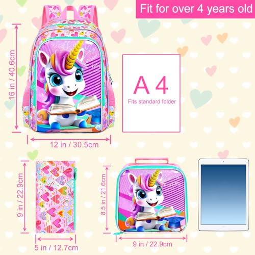 Image of AGSDON 3PCS Unicorn Backpack for Girls, 16 inch Little Kids Preschool Water Resistant Bookbag, Elementary Backpacks and Lunch Box