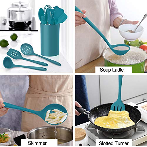 Image of LIANYU 12-Piece Silicone Kitchen Cooking Utensils Set with Holder, Kitchen Tools Include Slotted Spatula Spoon Turner Ladle Tong Whisk, Dishwasher Safe, Dark Blue