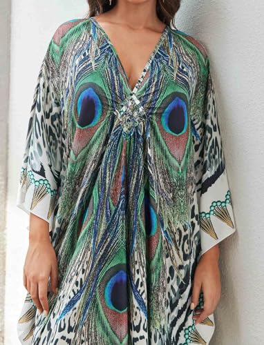 Image of KECVOT Kaftan Dresses for Women Plus Size Batwing Sleeve Caftans Long Bathing Suit Cover Up Maxi Beach Dress Loungewear