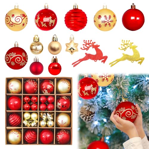 Palline di Natale Rosse e Oro, 46 Pezzi Palline Albero di Natale, Palle di Na-tale, Pa-lline Natale, Pa-lline di Na-tale Set in Plastica con Ciondolo Forma Cervo,Pal-line Decorazioni Albero di N-atale