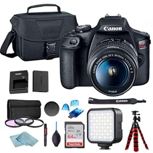 Canon EOS Rebel T7 DSLR Camera w/Canon EF-S 18-55mm F/3.5-5.6 Zoom Lens + Case + Sandisk 64GB Memory Card + 3pc Filter Kit + Card Reader + BluebirdSales Cleaning Kit (Renewed)