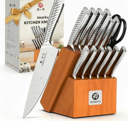 Image of imarku Knife Set, 14-Piece Exquisite Japanese High Stainless Steel Knife Block Set, Razor-Sharp Kitchen Knife Set with Built-In Sharpener, Perfect Housewarming Present for Cooking Enthusiasts