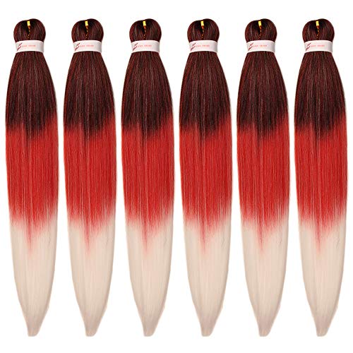 KETHBE 6 Pcs 26" Pre-Stretched Braiding Hair Hot Water Setting Omber Long Itch Free Synthetic Fiber Crochet Braiding Hair Extension(Black to Red to White)