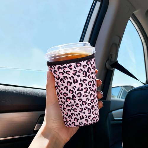 Image of Reusable Insulated Sleeve for Iced Coffee Cup, 3-Pack Coffee Neoprene Drink Sleeve for Cold & Hot Drinks, Beverage Holder for Iced Coffee (Pink Leopard)