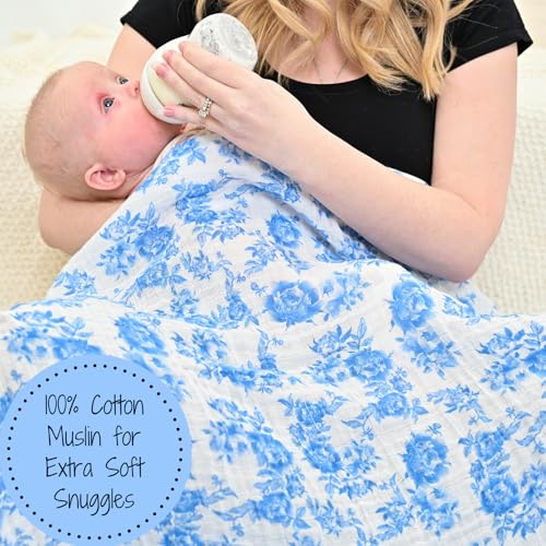 Image of LollyBanks Baby Swaddle Blanket, 100% Cotton Muslin Blankets for Girls, Large 47 x 47 Inches Soft and Breathable Swaddles for Newborns, Gentle Baby Wrap Swaddle, Registry (Blue Peony Print)