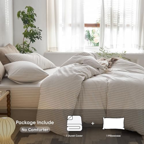 Image of MooMee Striped Duvet Cover Set 100% Washed Cotton Linen Like Twin | Relaxed Linen-like Texture. Soft, Breathable & Long-lasting Comfort. Lightweight. Hidden Zipper with 8 Interior Corner Ties