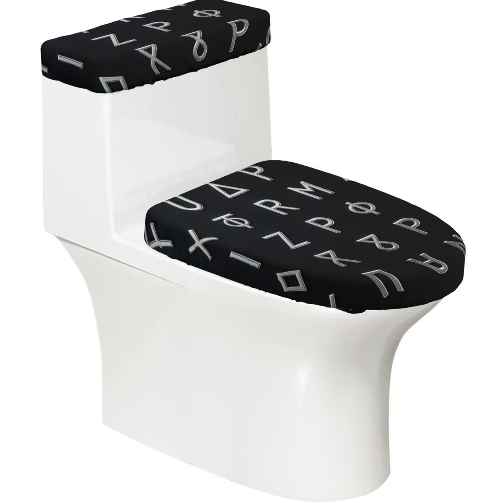 Cntdbu Black Rune Symbol Elastic Toilet Cover Set Of 2-Stretchy Lid And Tank Covers For Bathroom, Soft Washable U Shape Toilet Decor