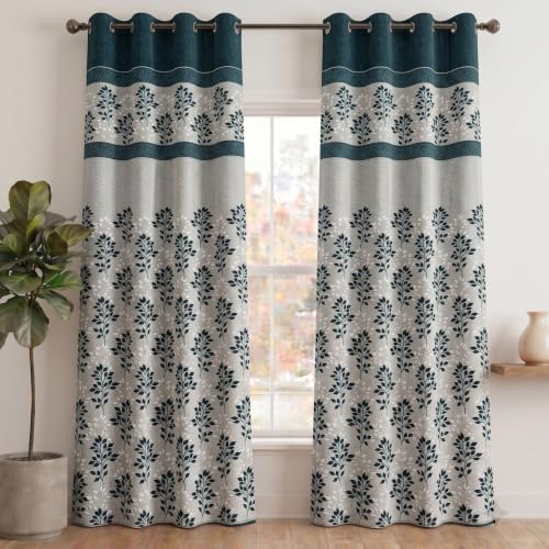 Image of Home Sizzler 2 Pieces Dual Tone Botanical Print Polyester Semi- Transparent Eyelet Door Curtains- 7 Feet, Sea Blue
