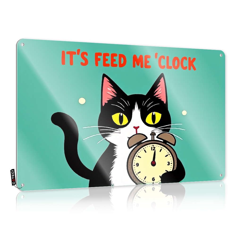 Metal Beer Signs Feed Me Time! - Cat With Clock Tin Sign Small Sign Metal Sign Funny(20X30CM)