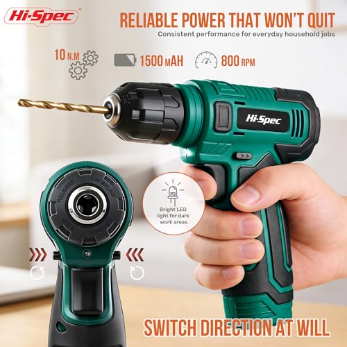 Image of Hi-Spec 8V Cordless Drill and Tool Kit with Essential Hand Tools, Green | Power USB Rechargeable, Home Improvement, faster holes and screwdriving, portable, light-duty project, home setup help