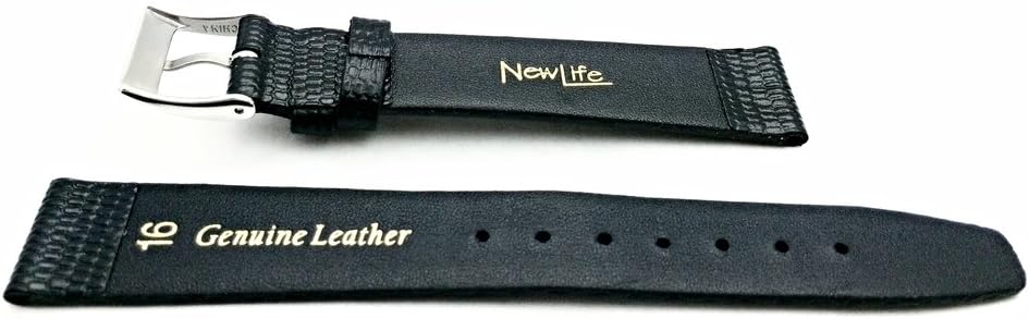 NewLife 16mm Black Genuine Leather Watchband | Round Lizard Grain, Flat Replacement Watchstrap that brings to Any Watch (Mens Standard Length)