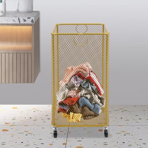 Image of Wire Metal Rolling Laundry Basket On Wheels,Mesh Wire Laundry Basket Storage Cart for Bathroom Bedroom Dirty Clothes Storage (A)