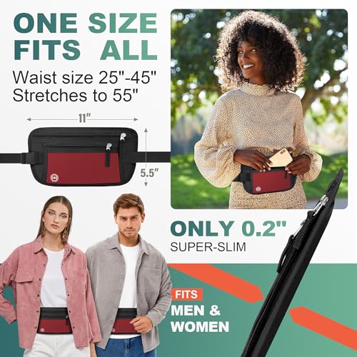 Image of Travel Money Belt, Passport Holder with Anti Theft RFID Protection, Slim Travel Wallet for Women & Men, Travel Fanny Pack for Travel Essentials,Black&Red