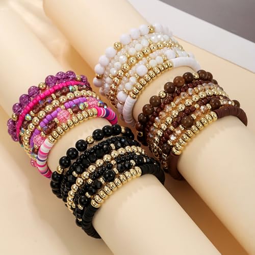 Bohemia Multilayer Stackable Crystal Beaded Bracelets Set Colorful Surfer Heishi Clay Gold Beaded Friendship Stretch Bracelets for Women Men Summer Beach Boho Vacation Jewelry Gifts4