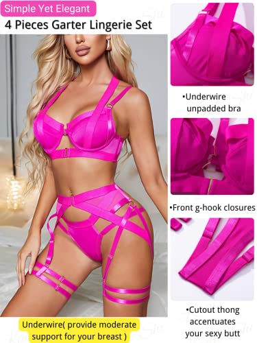 Kaei&Shi Garter Belt Thong Lingerie For Women,Strappy Hollow Out Underwire Racerback Sexy Lingerie,Harness Garter Leg Strap Matching 4 Piece Lingerie Set Boudoir Glow In The Dark Neon Pink Large #TOP1