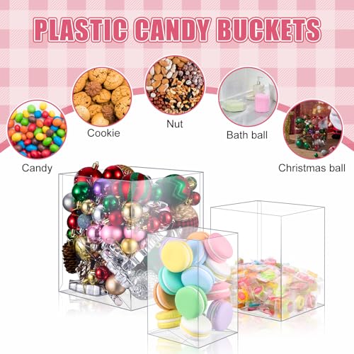 SiliFine 12 Pieces 3 Sizes Clear Candy Containers Plastic Candy Buckets for Wedding Birthday Baby Shower Party Buffet Supplies (Square,3.6 x 3.7 x 6 Inch; 6 x 6 x 7 Inch; 7.7 x 7.7 x 9 Inch)