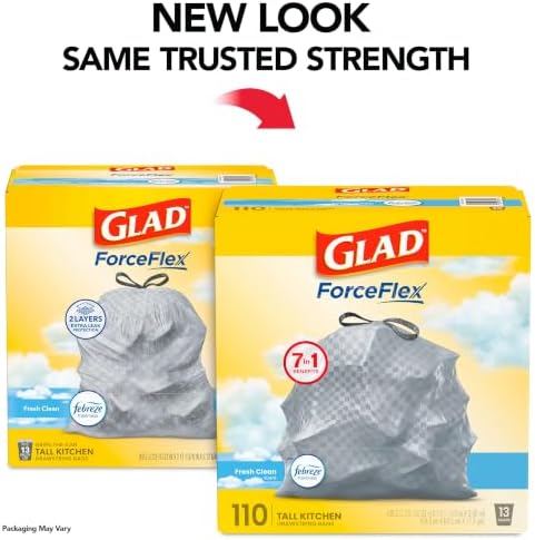 Glad Tall Kitchen Drawstring Trash Bags - Odorshield 13 Gallon White Trash Bag, Febreze Fresh Clean, 110 Count