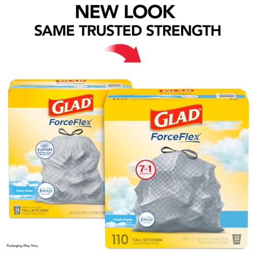 Glad Tall Kitchen Drawstring Trash Bags - Odorshield 13 Gallon White Trash Bag, Febreze Fresh Clean, 110 Count