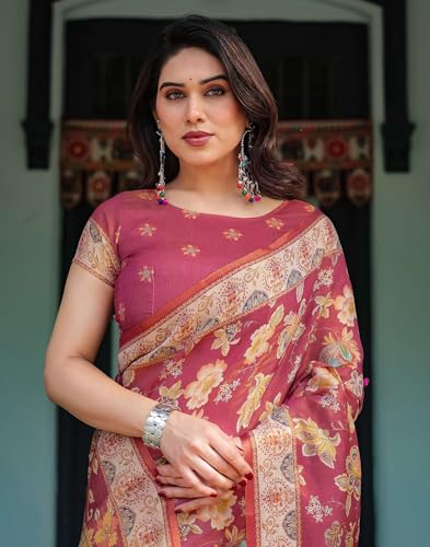 Image of SIRIL Women's Cotton Linen Printed Handloom Saree with Unstitched Blouse Piece