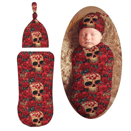 Image of Red Floral and Skulls Newborn Swaddle Blankets Hat Sets Soft Baby Receiving Blanket Swaddle Sack for Baby Shower Infant Boy Girl Gift