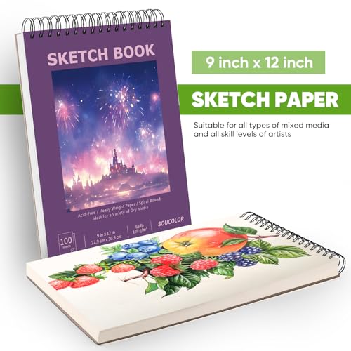 Image of Soucolor 9 inchx12 inch Sketch Book for Women,Purple Girls Sketchbook | Fine-Textured|100 Sheets (68lb /100gsm) Drawing Paper| Art School Supplies for Kids,Beginners, and Adults