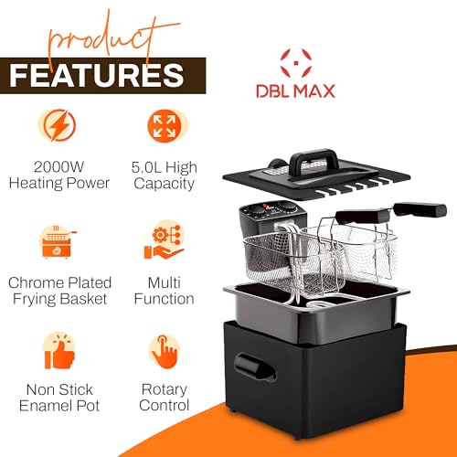 Double Basket 5L Electric Deep Fat Fryer Easy Clean – 2000W Stainless Steel, 3 Baskets, Adjustable Temperature, Viewing Window, Cool-Touch Handle – Ideal for Chips, Chicken, Onion Rings - Image 3