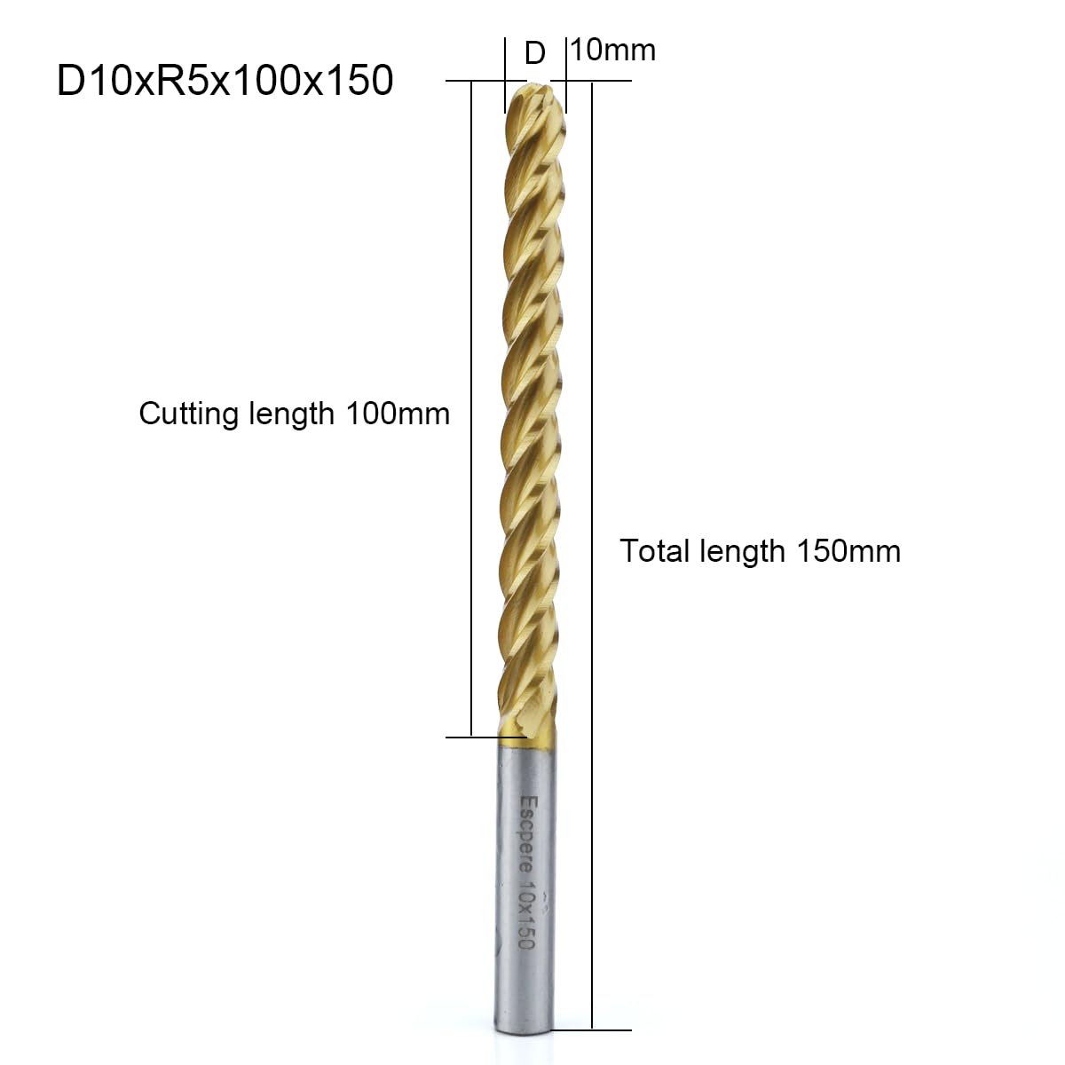 EVA EPS Styrofoam CNC Router Cutter for Cutting Long, HSS Spiral Long Endmills CNC Foam Milling Bit 2D / 3D D10xR5x100x150 Ball Nose
