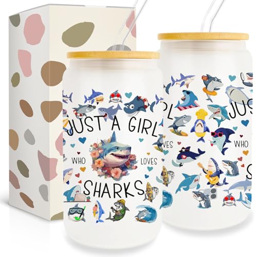 Pfkfo Sharks Cup Gifts for Sharks Lovers, Sharks Gifts for Women, 16oz Glass Cup with Lids Straws, Sharks Lover Gifts, Just A Girl Who Loves Animals, Ideal Sharks Owner Gift for Sisters Friends Women