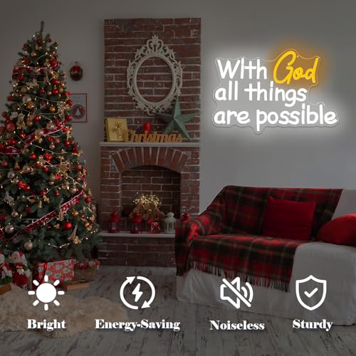 Image of With God All Things Are Possible Neon Sign God Neon Lights for Wall Decor Light Up Religious Scripture Christian Bible Verses Sign Bibical Neon Wall Art