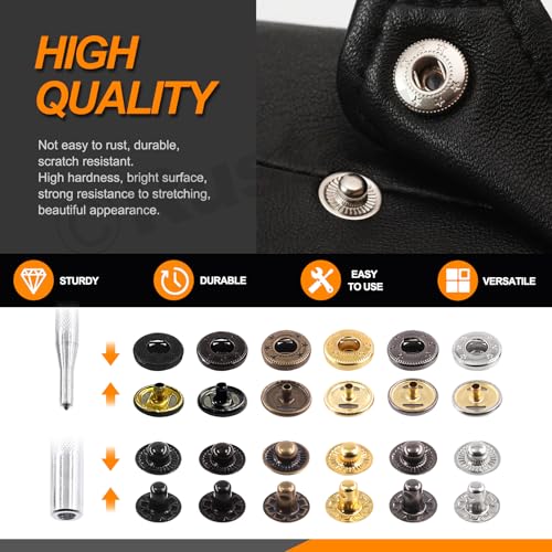 Rustark 90 Set 12.5mm 6 Color Leather Snap Fasteners Kit with Snap Pliers and Setting Tools, Metal Button Press Stud Assortment Kit for Leather, Clothes, Jackets, Jeans, DIY Craft