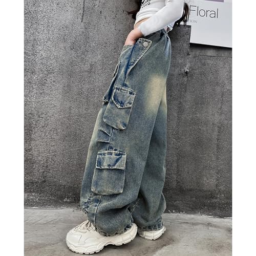 Baggy Jeans for Girls Streetwear Cargo Wide Leg Pants Asymmetrical Multi Pockets Cute Jeans for Girls Distressed Washed4