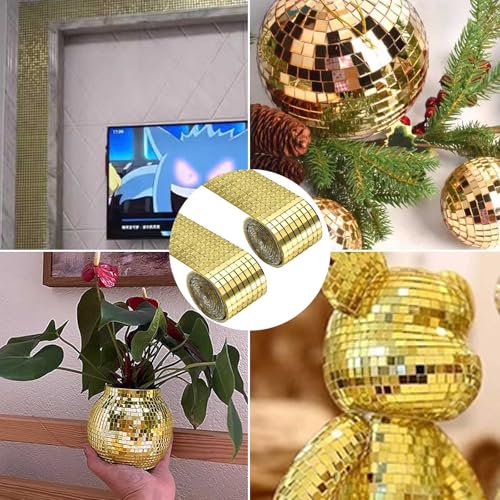 Bamyli 2 Rollen Mosaik Spiegel 2928 Stück Spiegel Mosaik Fliesen Disco Kugel, Selbsthaftende Mosaikfliesen Quadratische Glasspiegel Mosaikfliesen Spiegel 5x5mm für DIY Handwerk Dekoration (Golden)