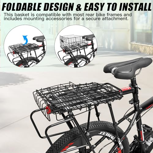 RAYMACE Bike Basket Rear,Bicycle Basket with Removable Liner,Rainproof Cover and Cargo Net,Folding Bike Baskets for Adult,Quick Release Design Fits for Most Rear Mounted Bike Rack