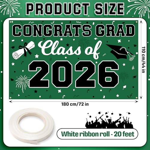 2026 Graduation Backdrop Banner, Congrats Grad Banner Class of 2026 Green Graduate Backdrop for Graduation Party Decorations (Green Black) by Pedel - Used condition - Image 5