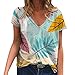 Top Damen Locker Mode Bluse für Frauen Herbst 2021 Sexy V-Ausschnitt Kurzarm Blumendruck Shirts Loose Fit Sommer Casual Tops zum Verstecken des Bauches Fashion Mode Damen